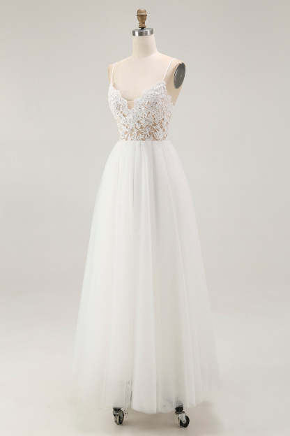 White A Line Plus Size Spaghetti Straps Tulle Engagement Dress with Lace