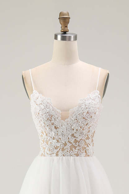 White A Line Plus Size Spaghetti Straps Tulle Engagement Dress with Lace