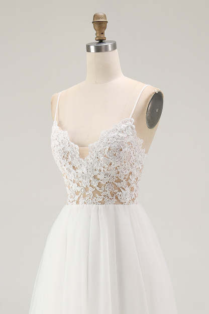 White A Line Plus Size Spaghetti Straps Tulle Engagement Dress with Lace