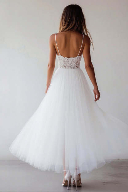 White A Line Plus Size Spaghetti Straps Tulle Engagement Dress with Lace