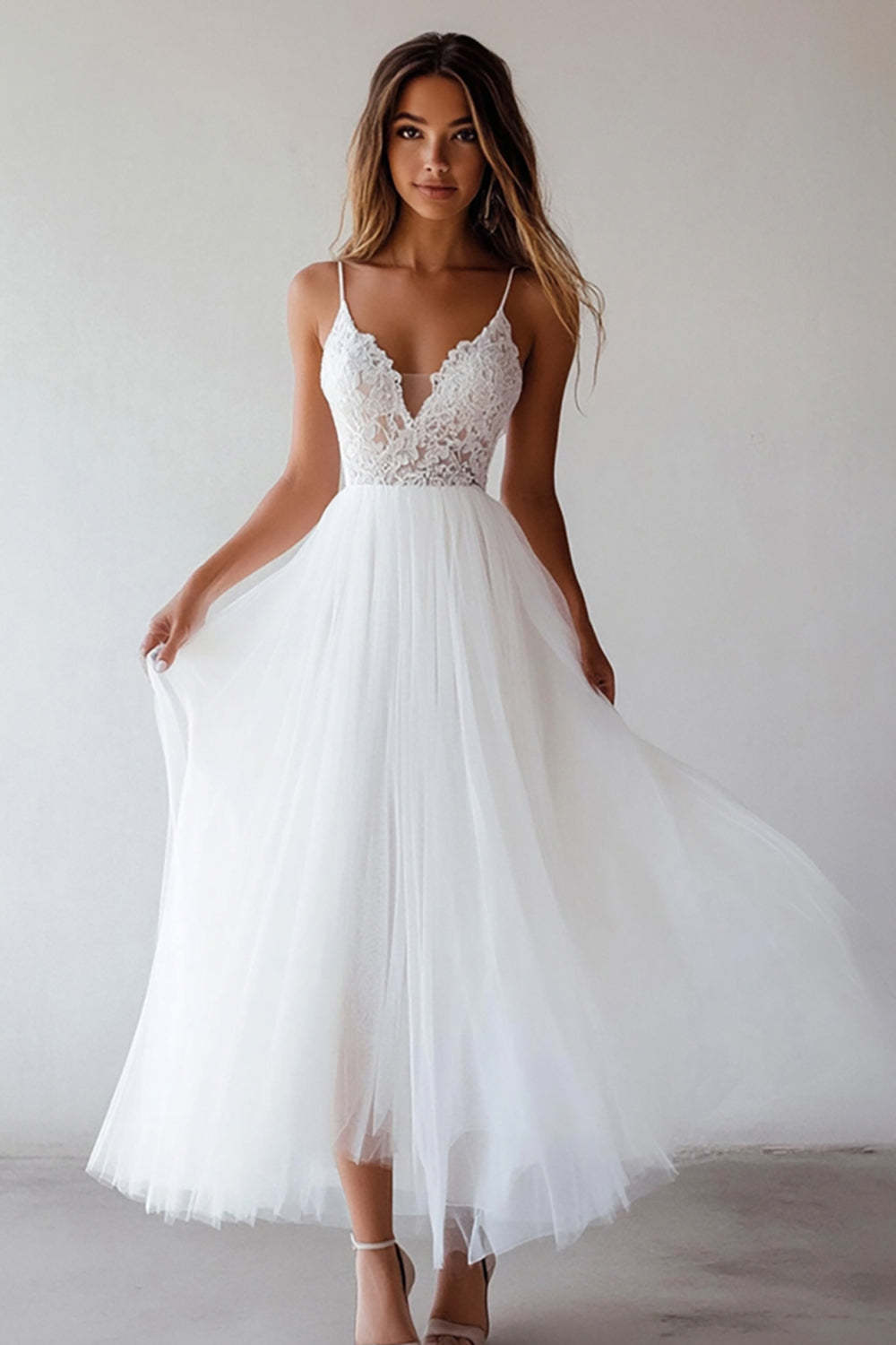 Leely Women White A Line Tulle Spaghetti Straps Graduation Dress with Lace Ankle Length V-Neck Little White Dress