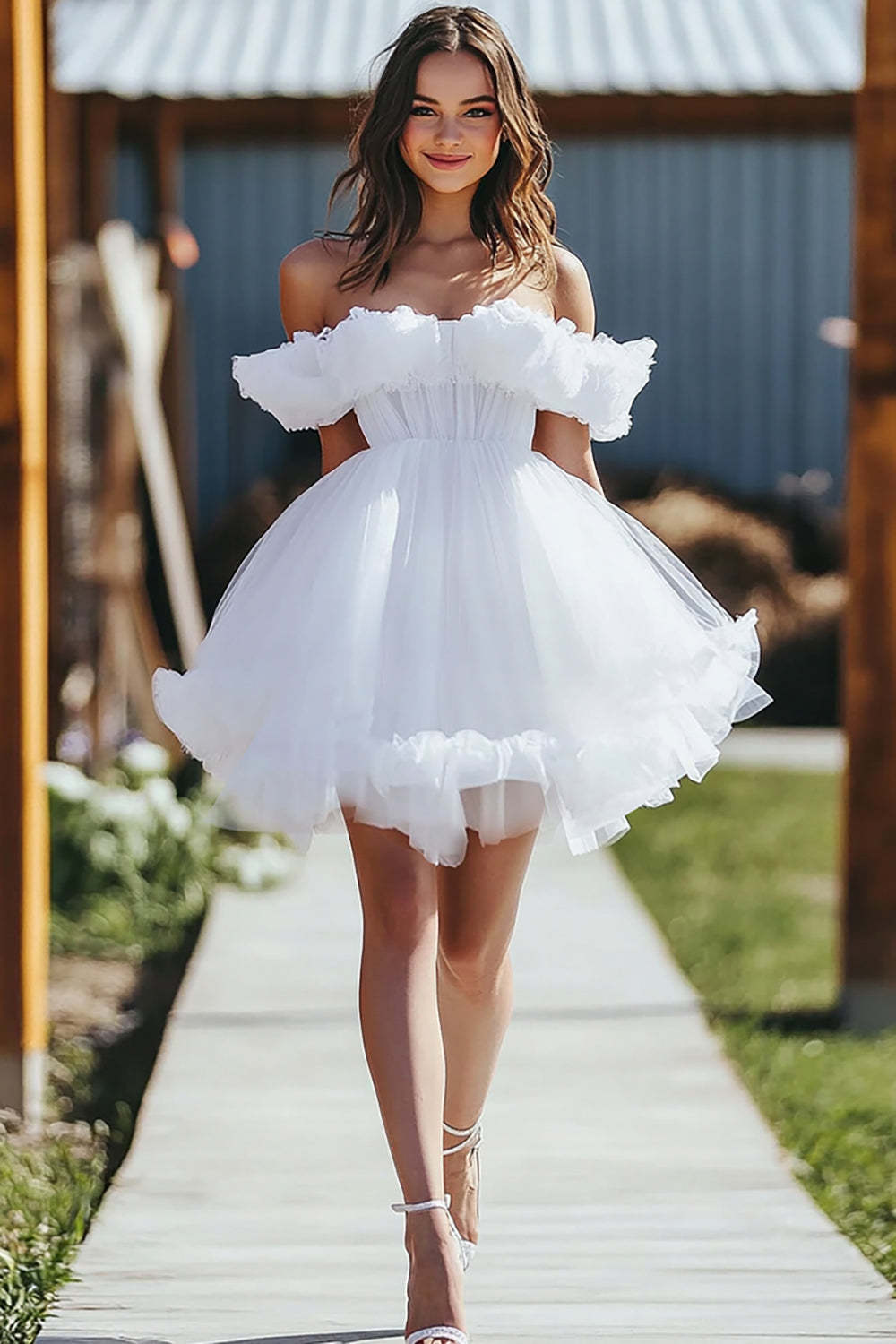 Leely Women White Tulle Ruffled A Line Graduation Dress Off the Shoulder Mini Little White Dress