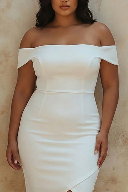 White Satin Plus Size Off the Shoulder Sheath Cocktail Dress