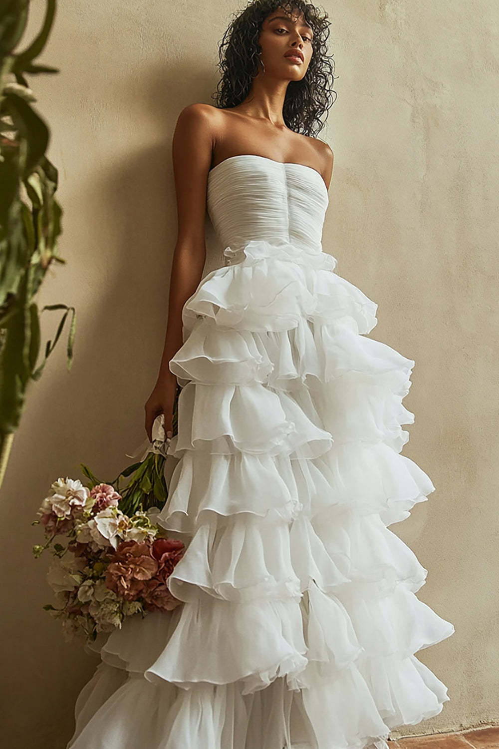 Leely Women White Organza Tiered A Line Long Graduation Dress Straight Neck Strapless Little White Dress