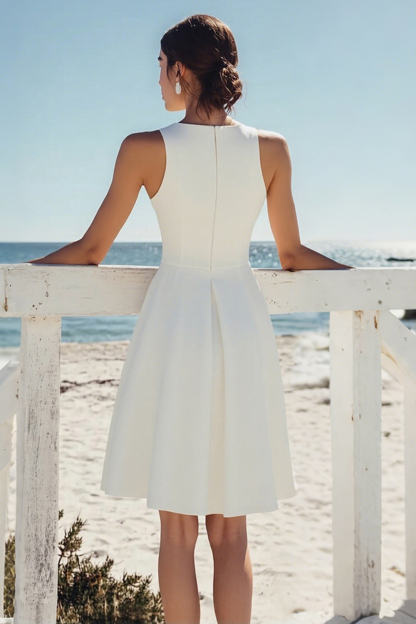 White Satin Scoop Neck A Line Knee Length Graduation Dress