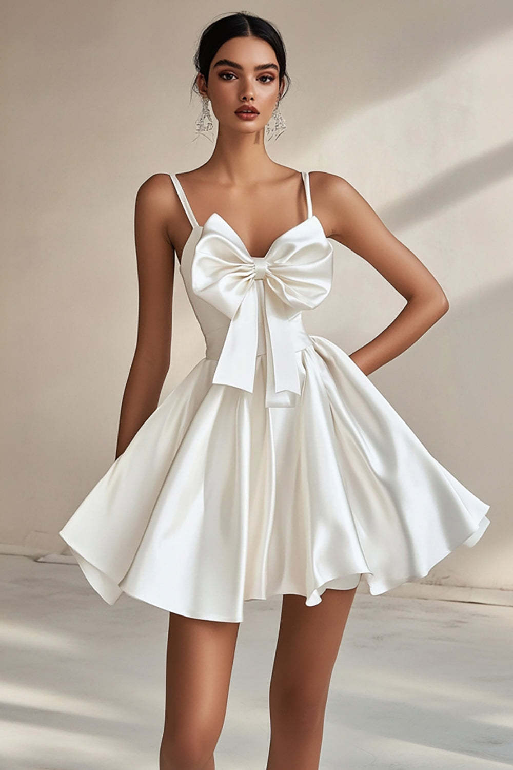 Leely Women White Satin A Line Short Graduation Dress with Bowknot Spaghetti Straps Sleeveless Little White Dress