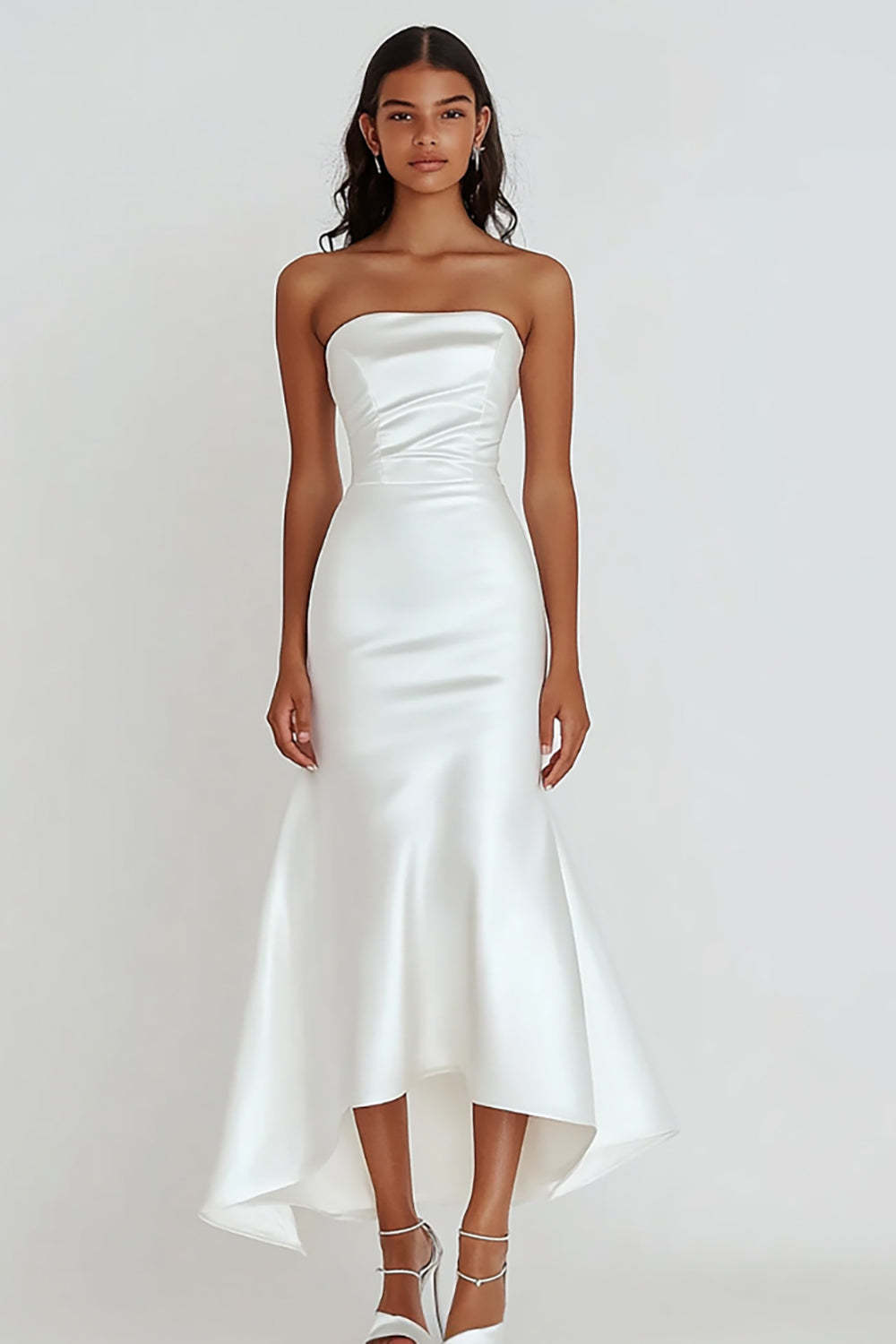Leely Women White Satin Strapless Sheath Graduation Dress Sleeveless Tea Length Little White Dress