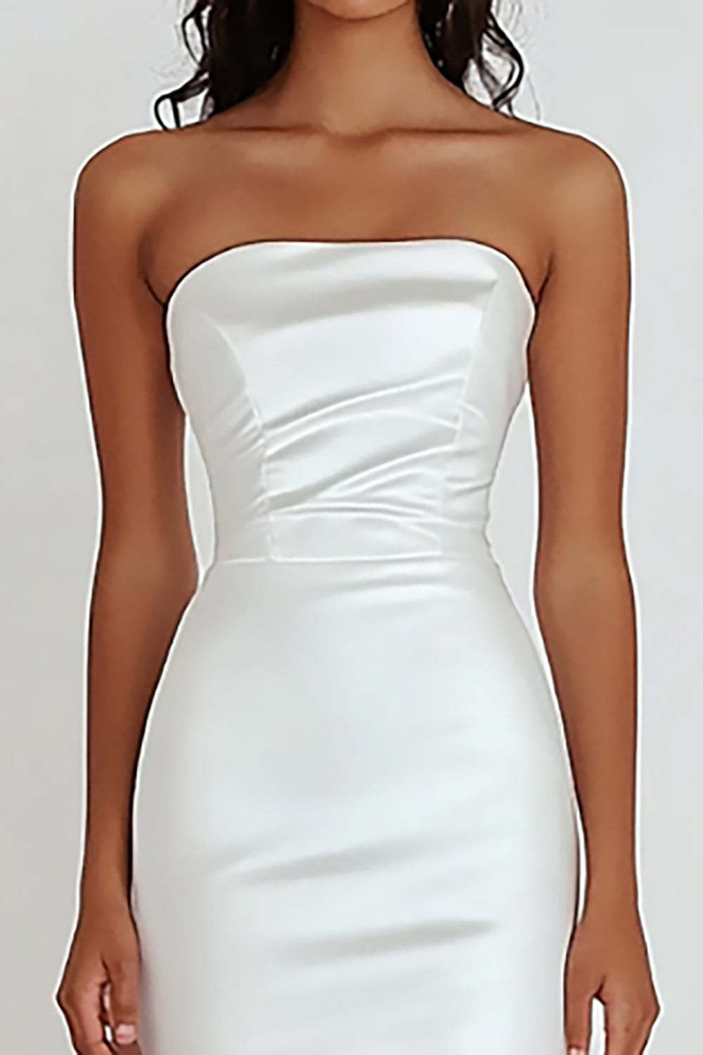 White Satin Strapless Sheath Tea Length Graduation Dress