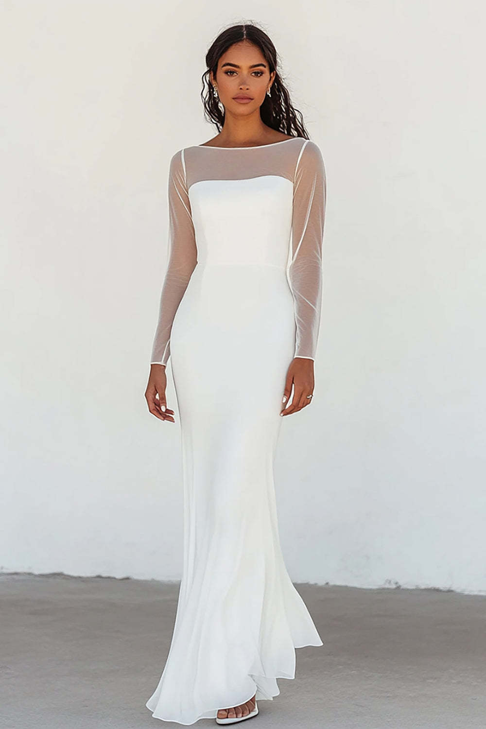 Leely Women White Chiffon Sheath Long Graduation Dress Boat Neck Long Sleeves Little White Dress