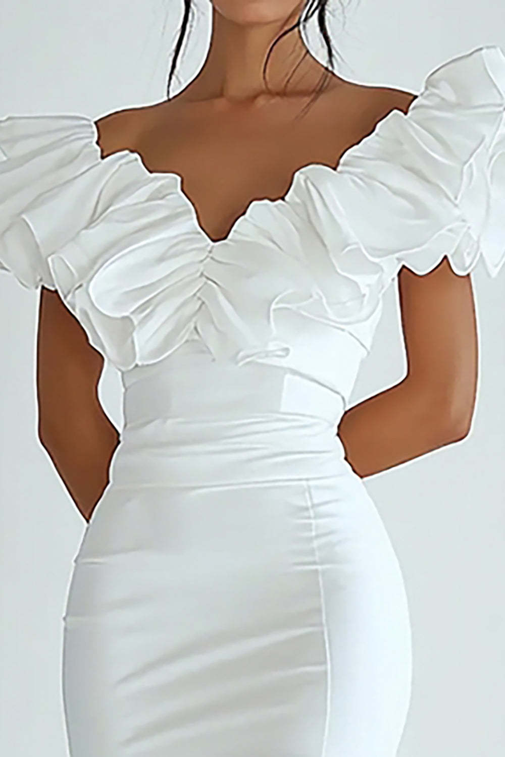 White V Neck Satin Bodycon Short Graduation Dress with Ruffles
