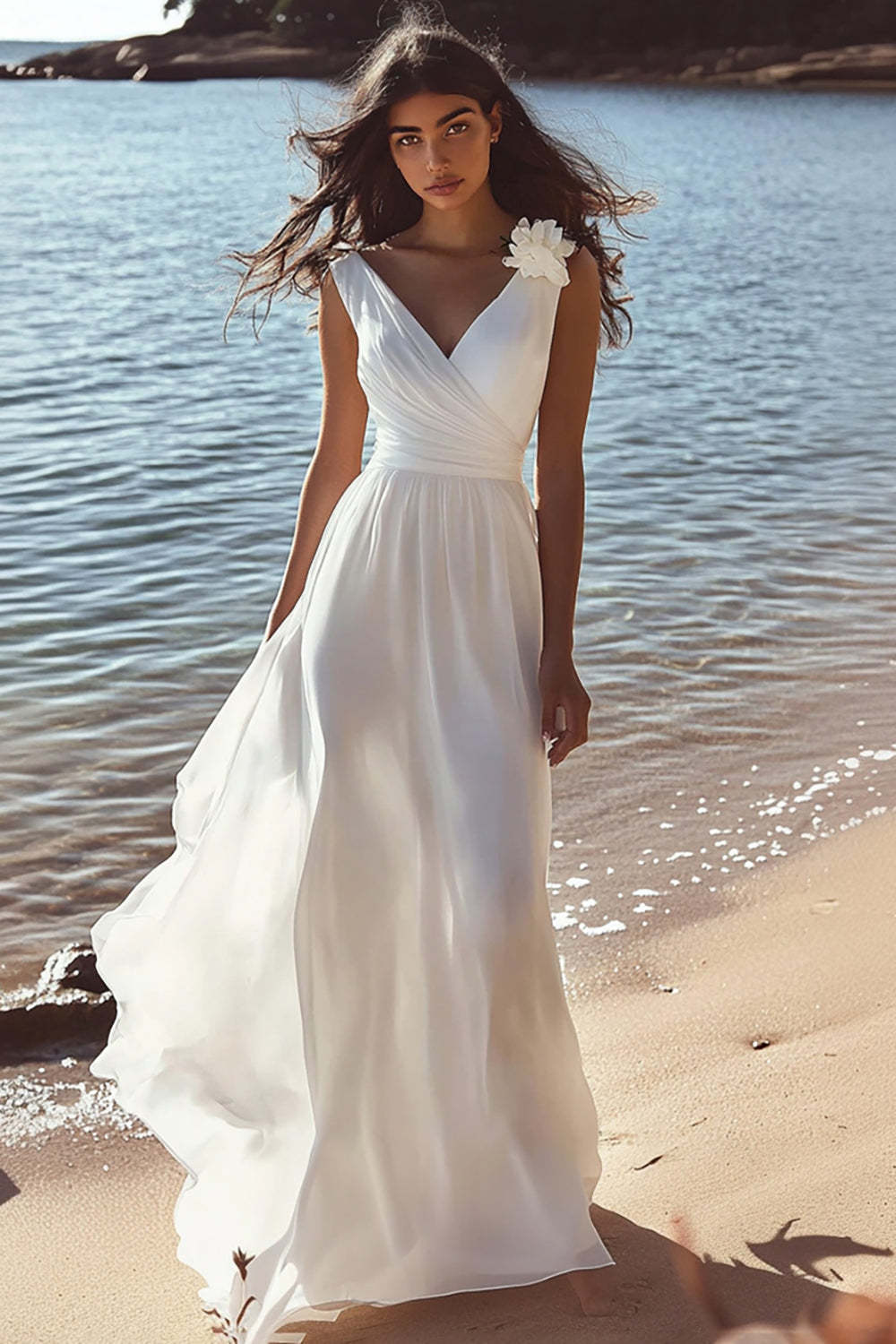 Leely Women White A Line Chiffon Graduation Dress with Flowers V-Neck Ruched Long Little White Dress