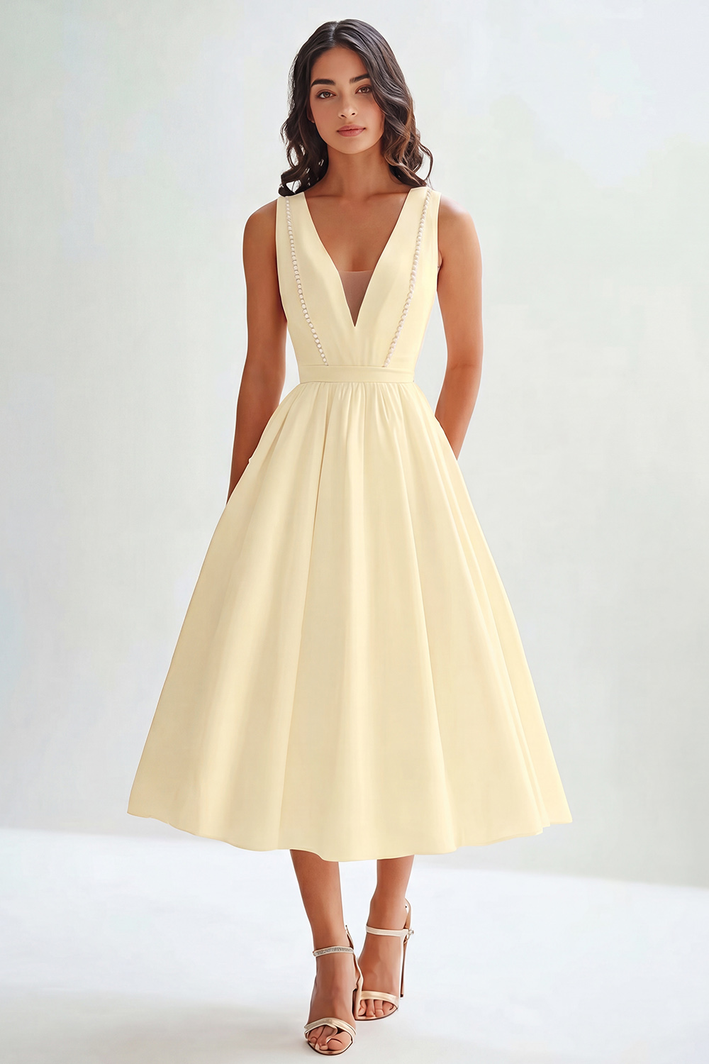 White Satin A Line V-Neck Long Graduation Dress with Beading