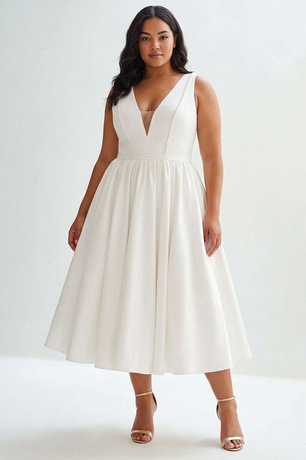 White Satin Plus Size A Line V-Neck Long Graduation Dress with Beading