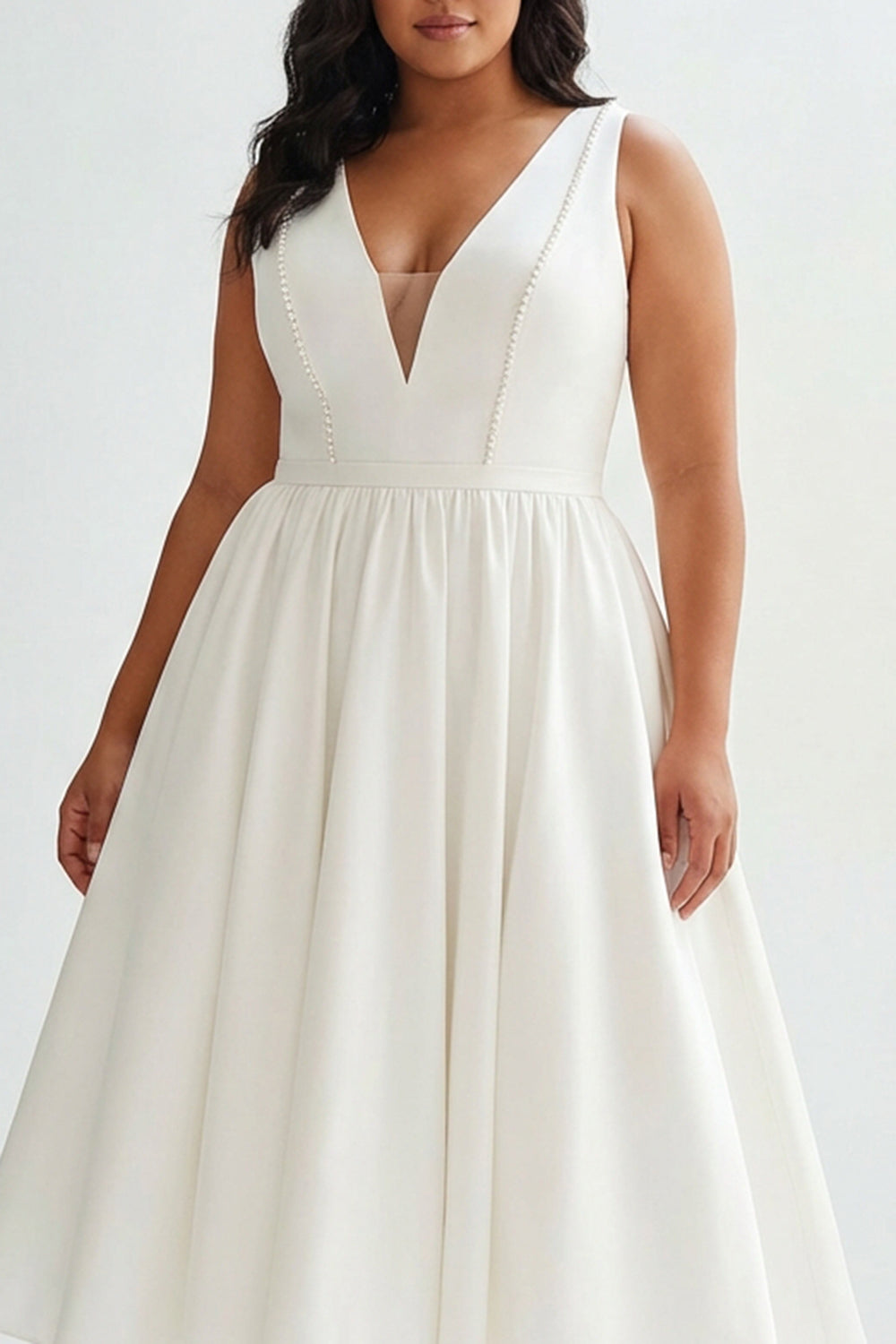 White Satin Plus Size A Line V-Neck Long Graduation Dress with Beading