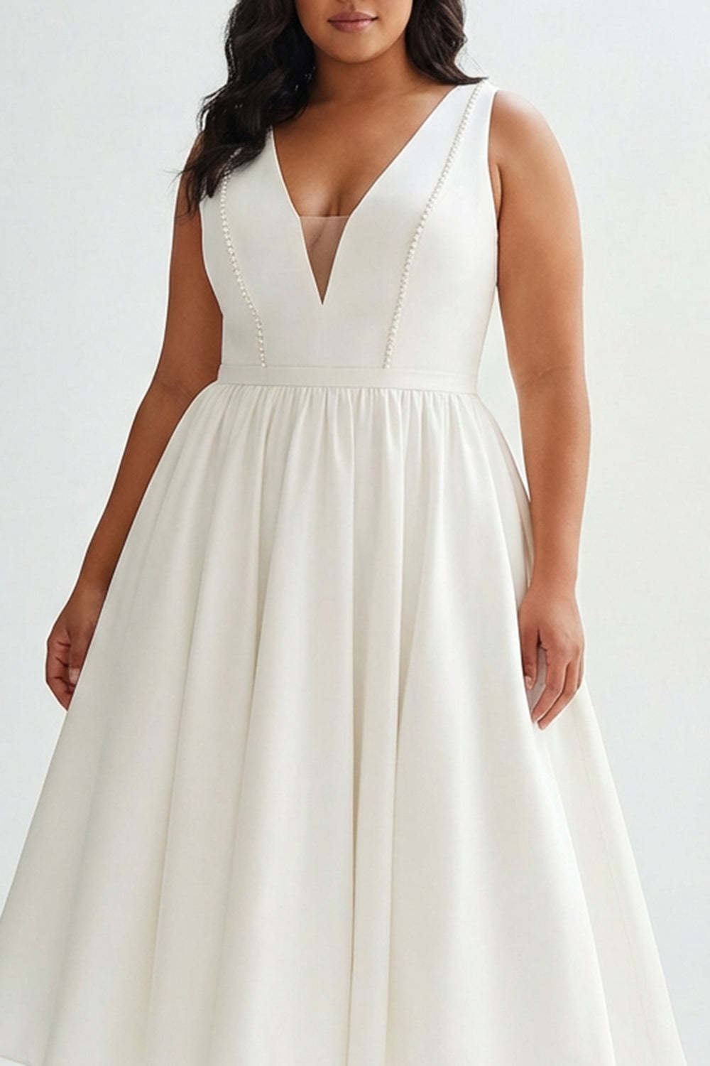 White Satin Plus Size A Line V-Neck Long Graduation Dress with Beading