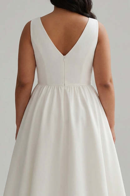 White Satin Plus Size A Line V-Neck Long Graduation Dress with Beading