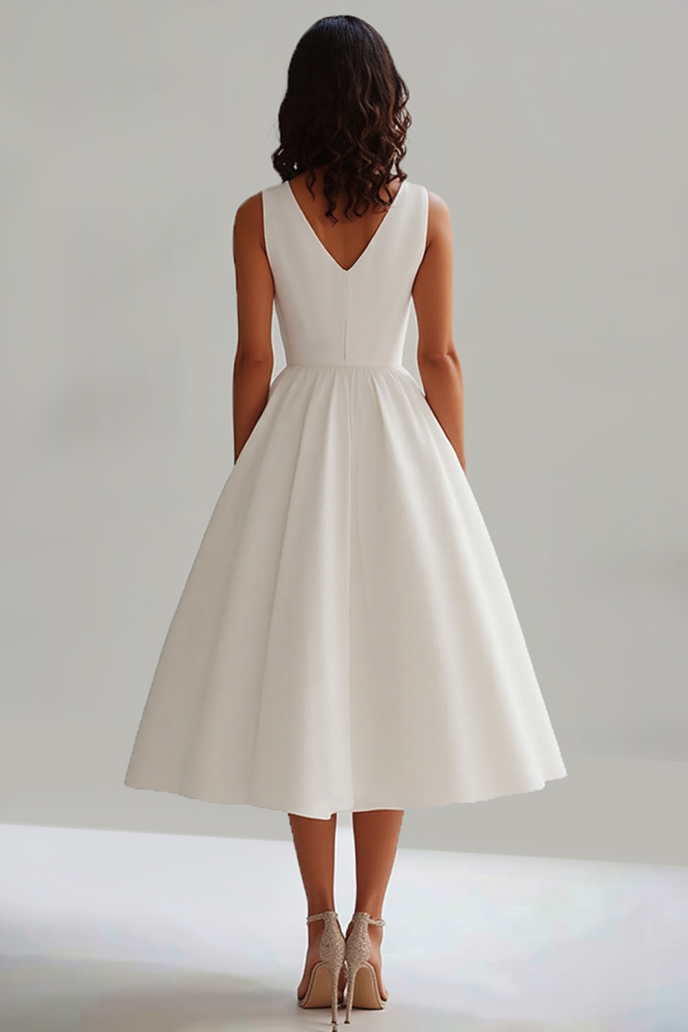White Satin A Line V-Neck Long Graduation Dress with Beading