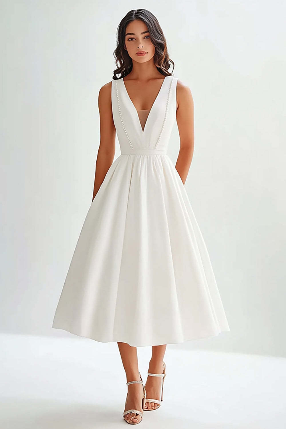 Leely Women White A Line Satin Graduation Dress with Beading V-Neck Tea Length Little White Dress