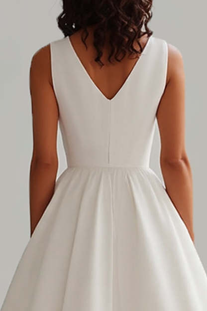 White Satin Plus Size A Line V-Neck Long Graduation Dress with Beading