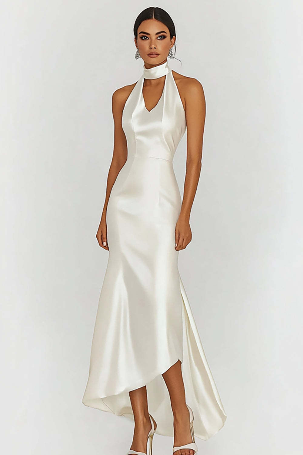 Leely Women White Sheath Satin Graduation Dress Halter Keyhole Long Little White Dress