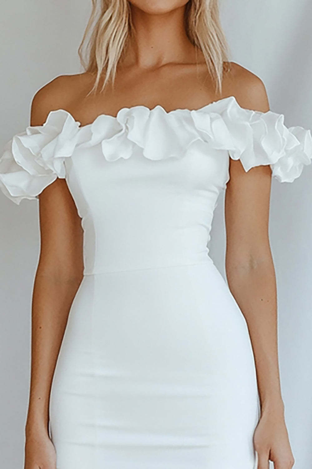 White Bodycon Off the Shoulder Graduation Dress with Ruffles