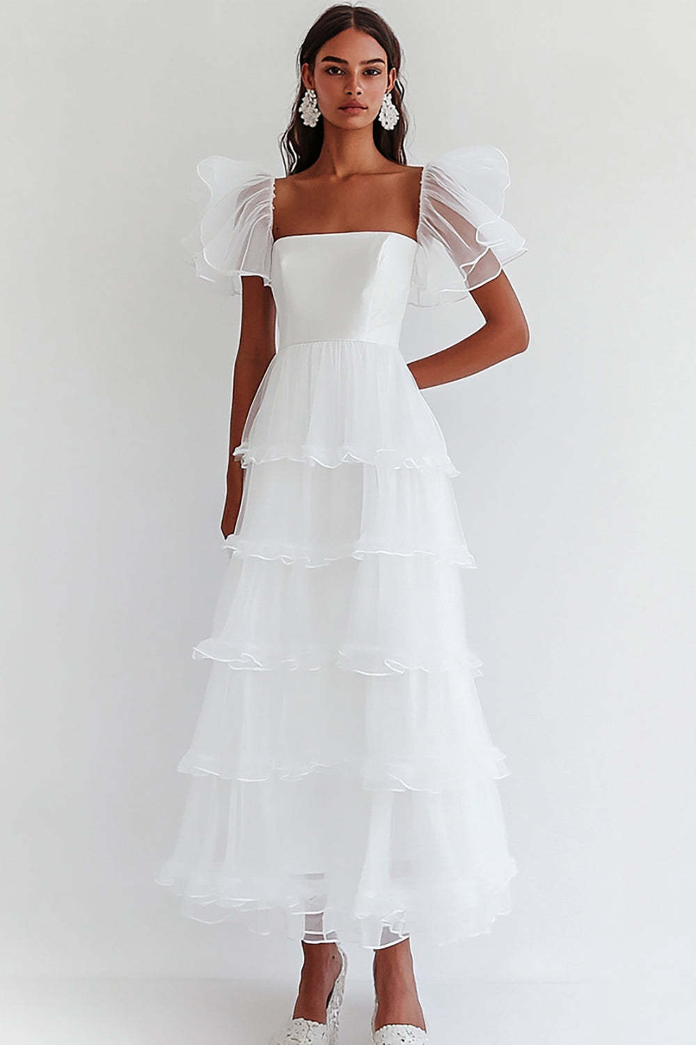 Leely Women White A Line Chiffon Graduation Dress Square Neck Tiered Half Sleeves Long Little White Dress