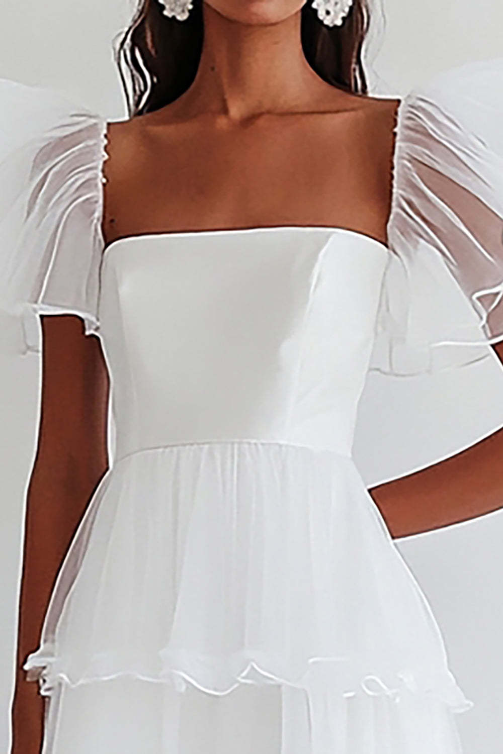White Chiffon Tiered A Line Graduation Dress with Half Sleeves