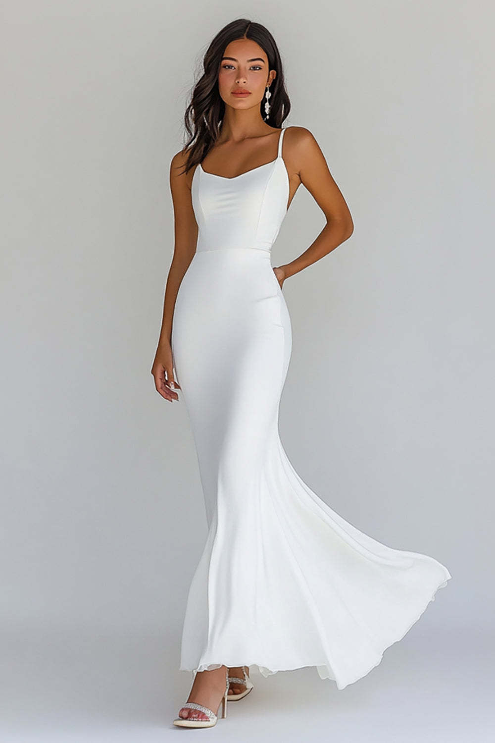 Leely Women White Sheath Chiffon Graduation Dress Spaghetti Straps Long Little White Dress