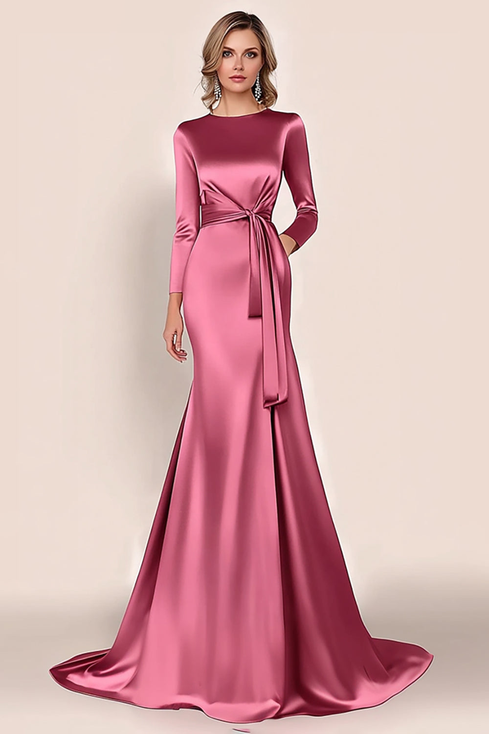 Leely Women Blush Satin Mother of the Bride Dress Mermaid Scoop Neck Floor Length Evening Gala Dress