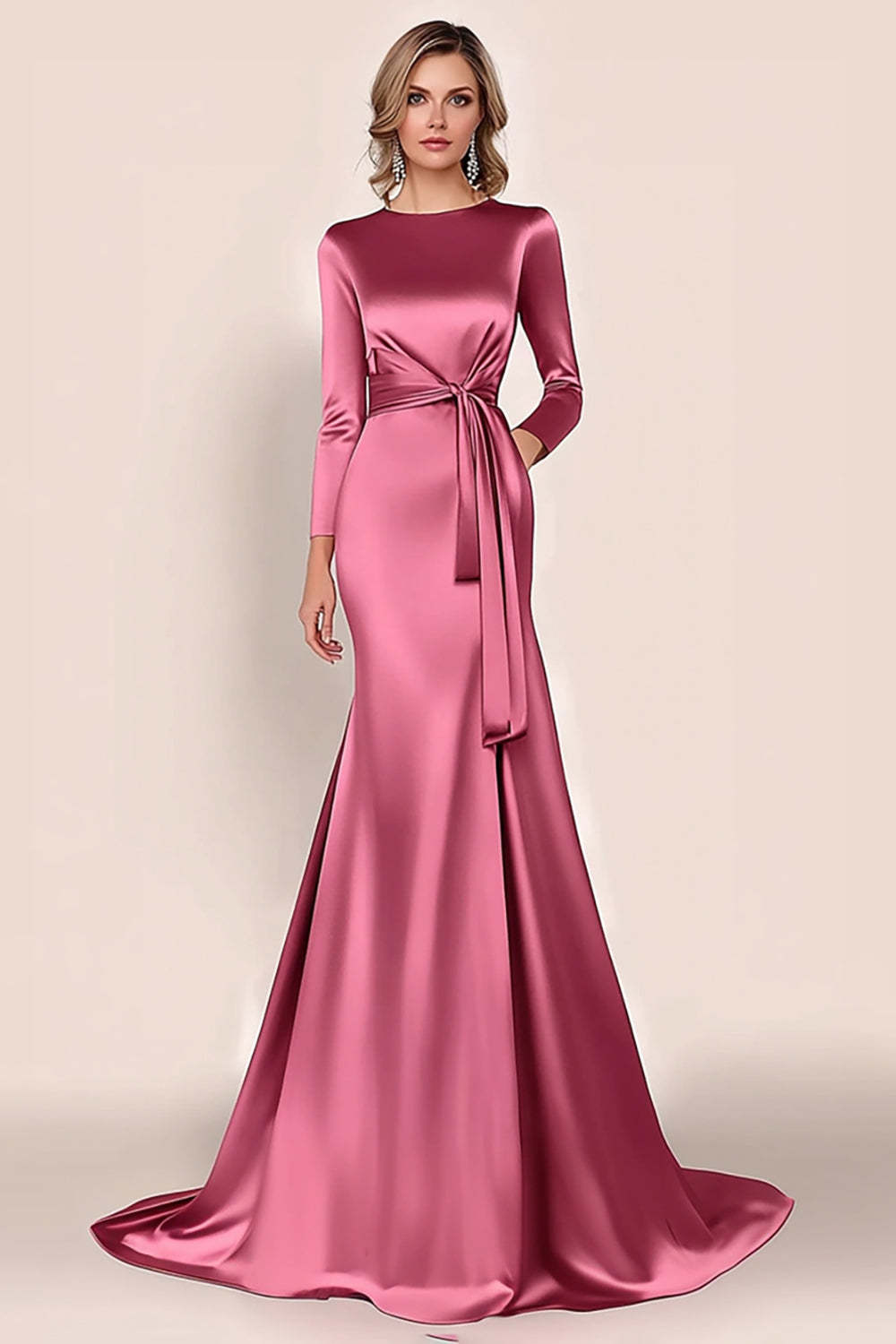 Leely Women Blush Satin Mother of the Bride Dress Mermaid Scoop Neck Floor Length Evening Gala Dress