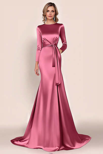 Leely Women Blush Satin Mother of the Bride Dress Mermaid Scoop Neck Floor Length Evening Gala Dress