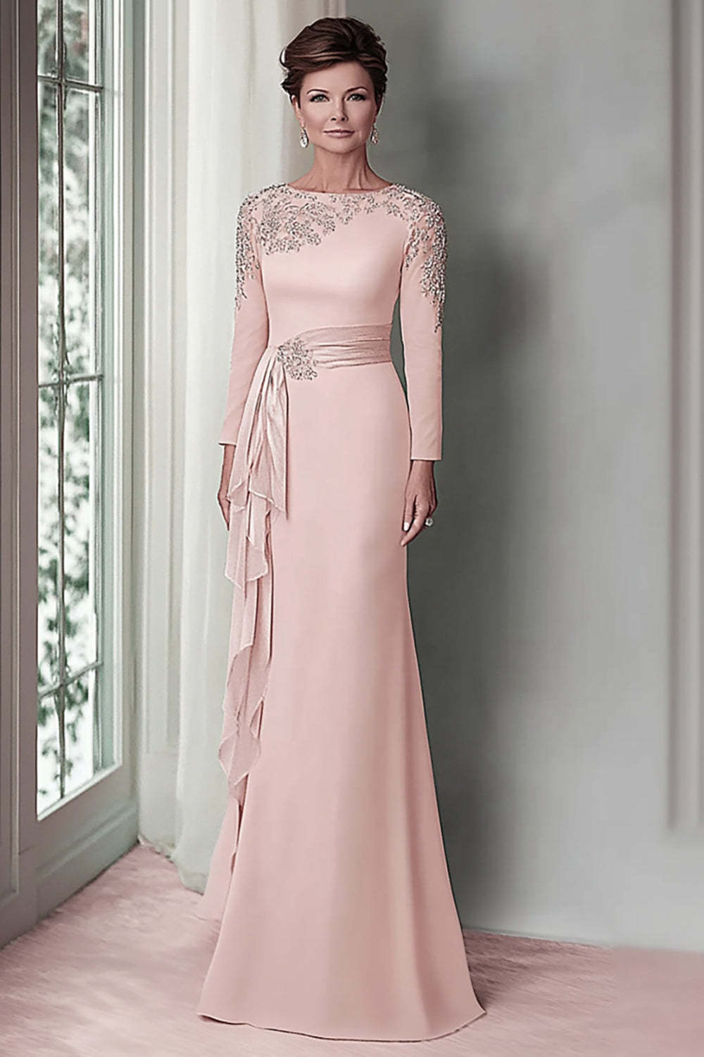 Maxi Blush Plus Size Satin Sheath Beaded Mother of the Bride Dress with Ruffles