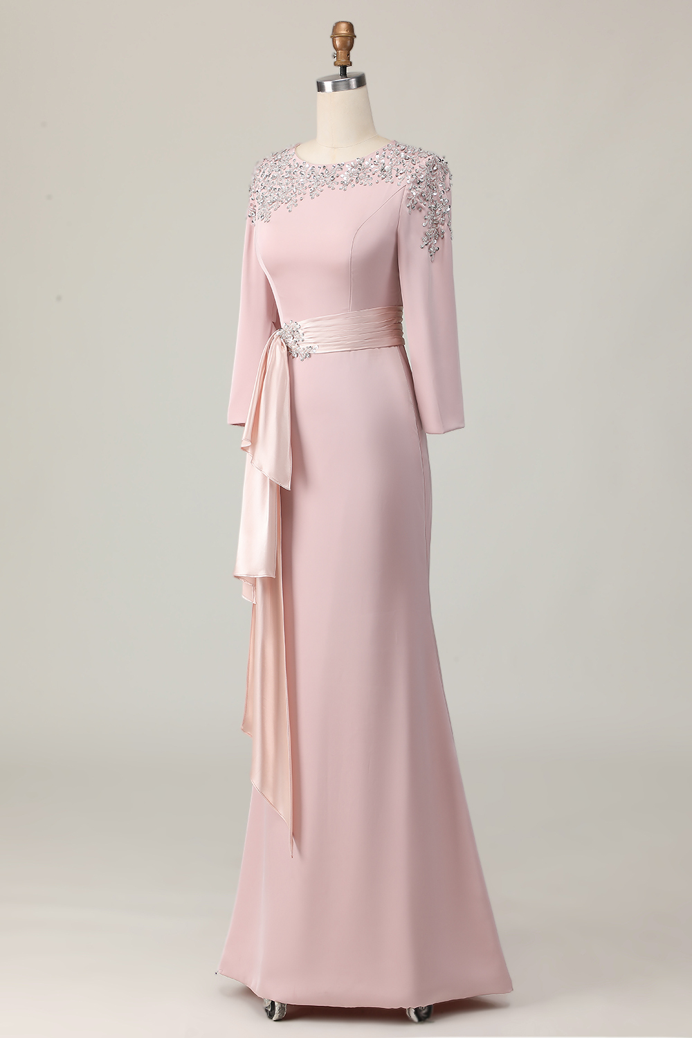 Blush Satin Sheath Beaded Maxi Mother of the Bride Dress with Sequins