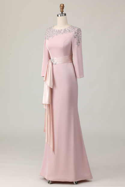 Blush Satin Sheath Beaded Maxi Mother of the Bride Dress with Sequins
