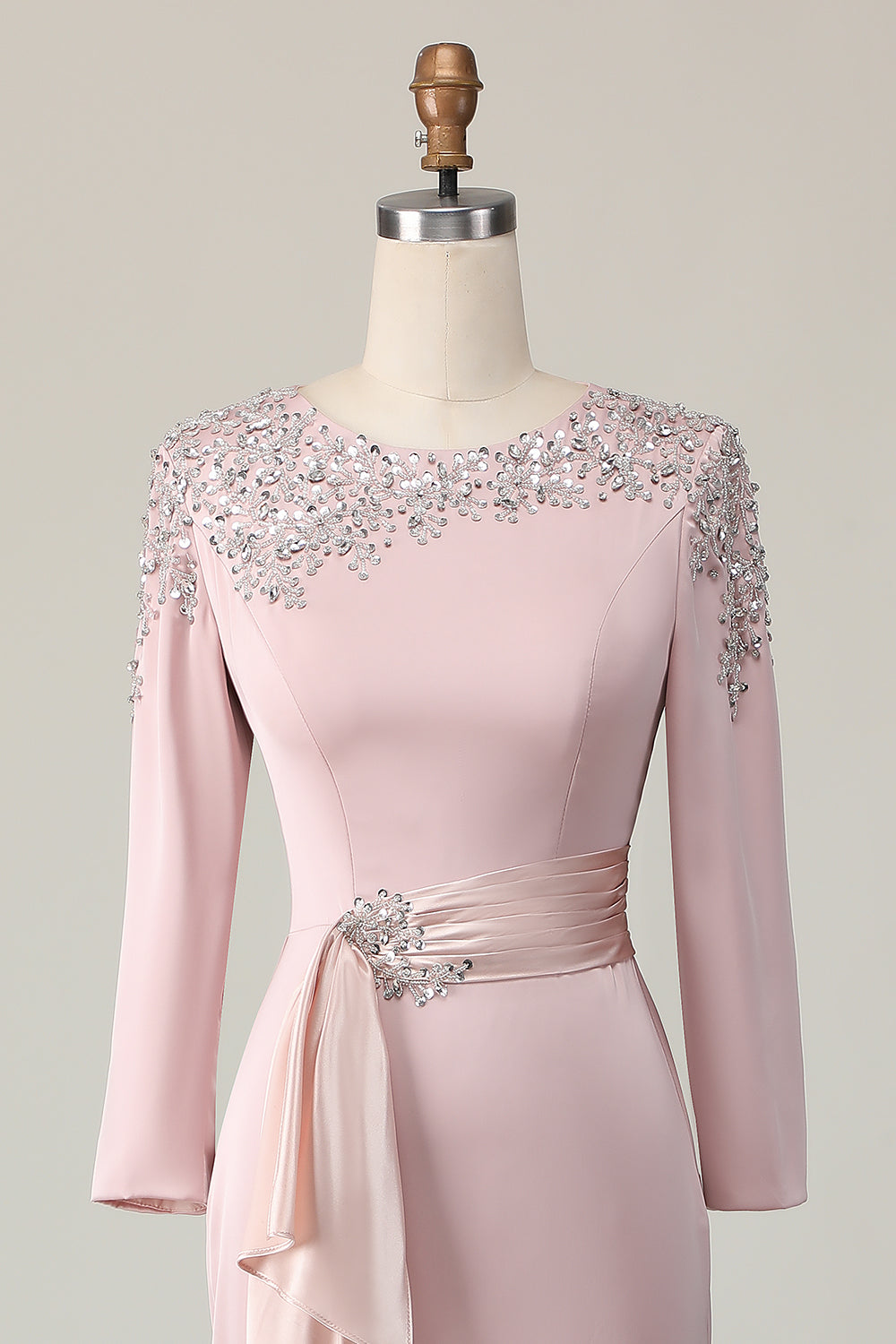 Maxi Blush Plus Size Satin Sheath Beaded Mother of the Bride Dress with Ruffles