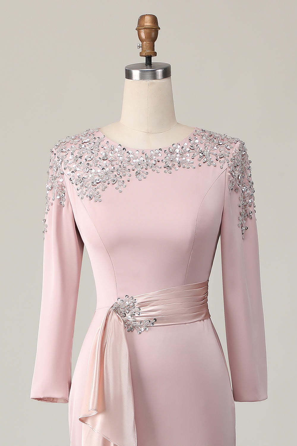 Maxi Blush Plus Size Satin Sheath Beaded Mother of the Bride Dress with Ruffles