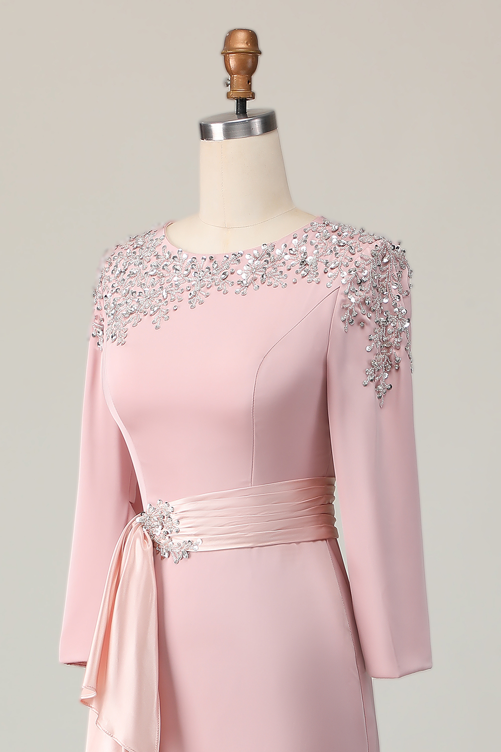 Blush Satin Sheath Beaded Maxi Mother of the Bride Dress with Sequins