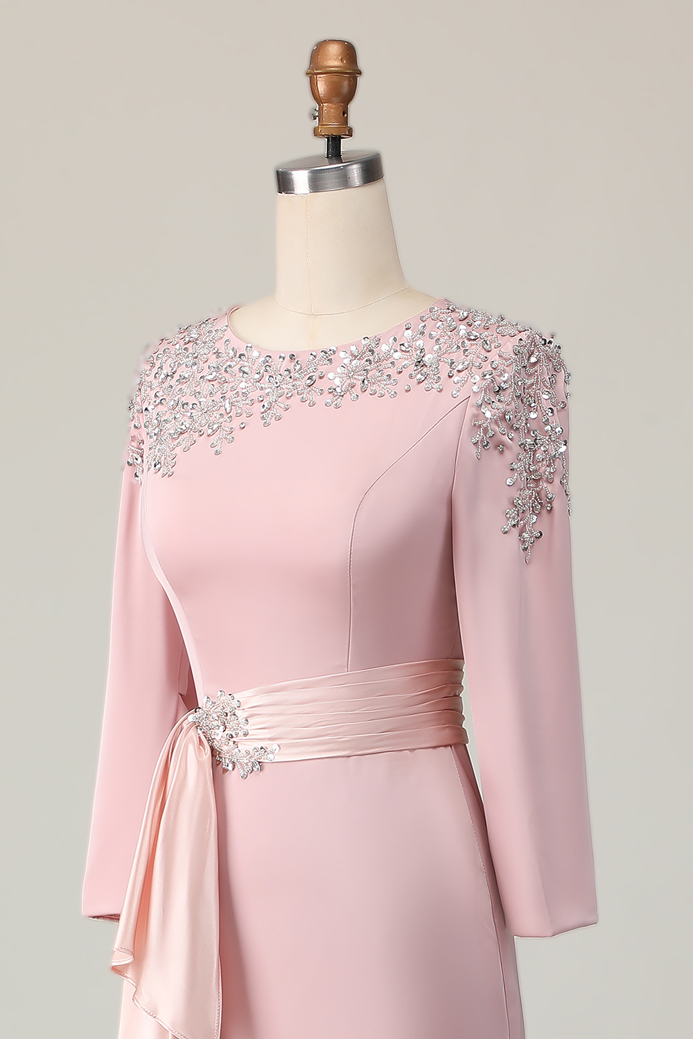 Blush Satin Sheath Beaded Maxi Mother of the Bride Dress with Sequins