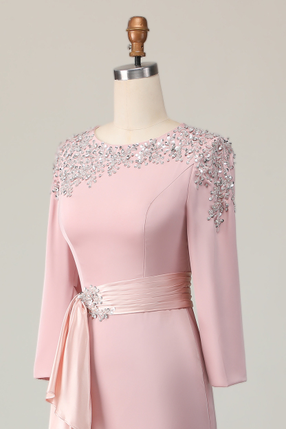 Blush Satin Sheath Beaded Maxi Mother of the Bride Dress with Sequins