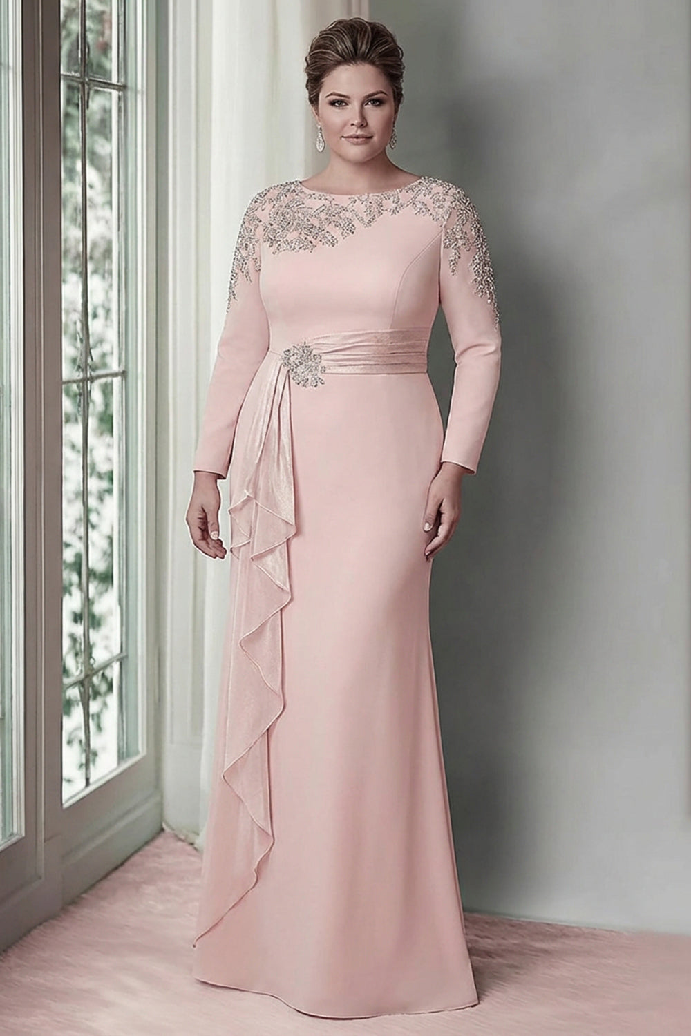 Leely Women Blush Sparkly Satin Plus Size Sheath Mother of the Bride Dress with Appliques Scoop Neck Long Sleeves Formal Dress