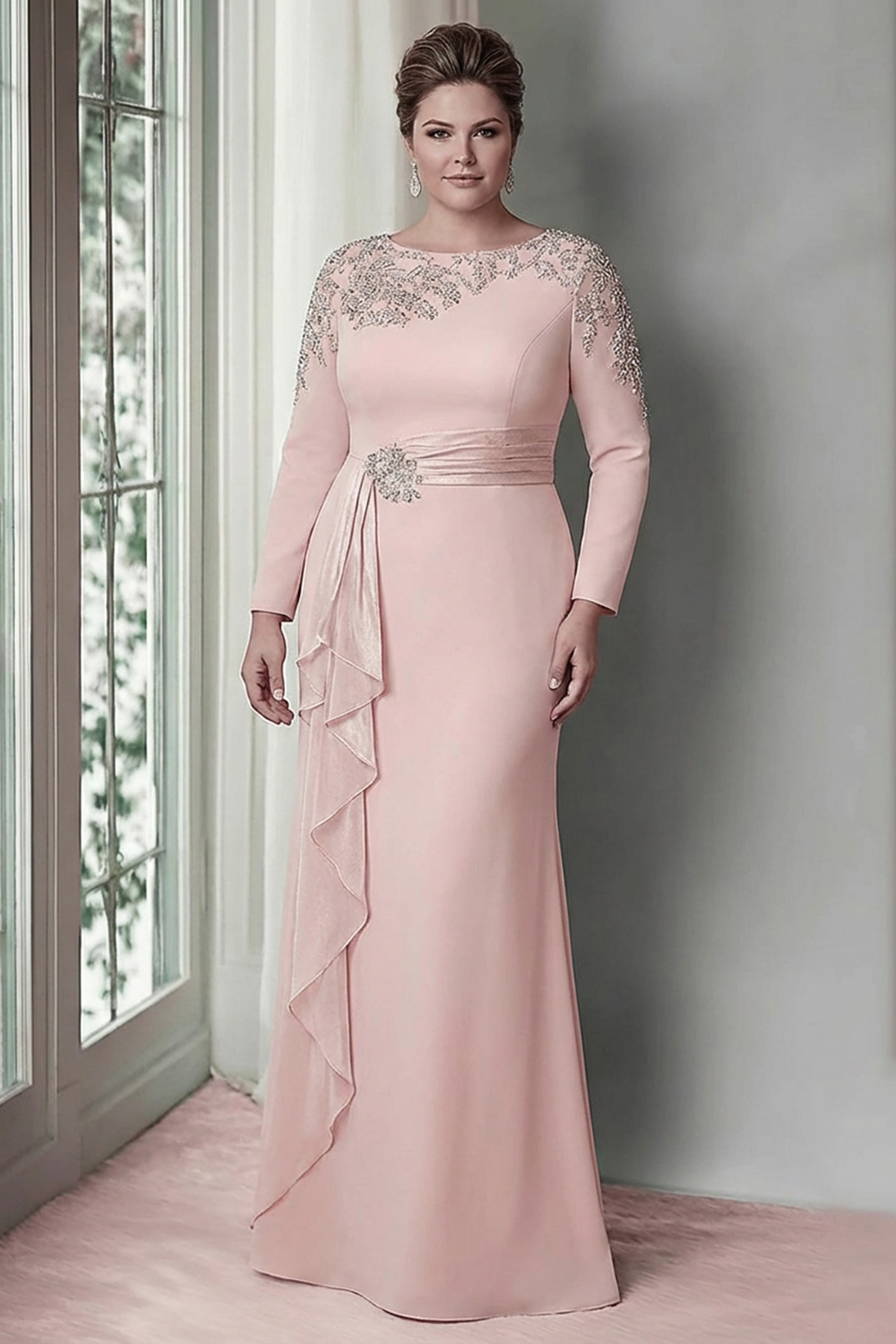 Blush Satin Sheath Mother of the Bride Dress with Ruffles
