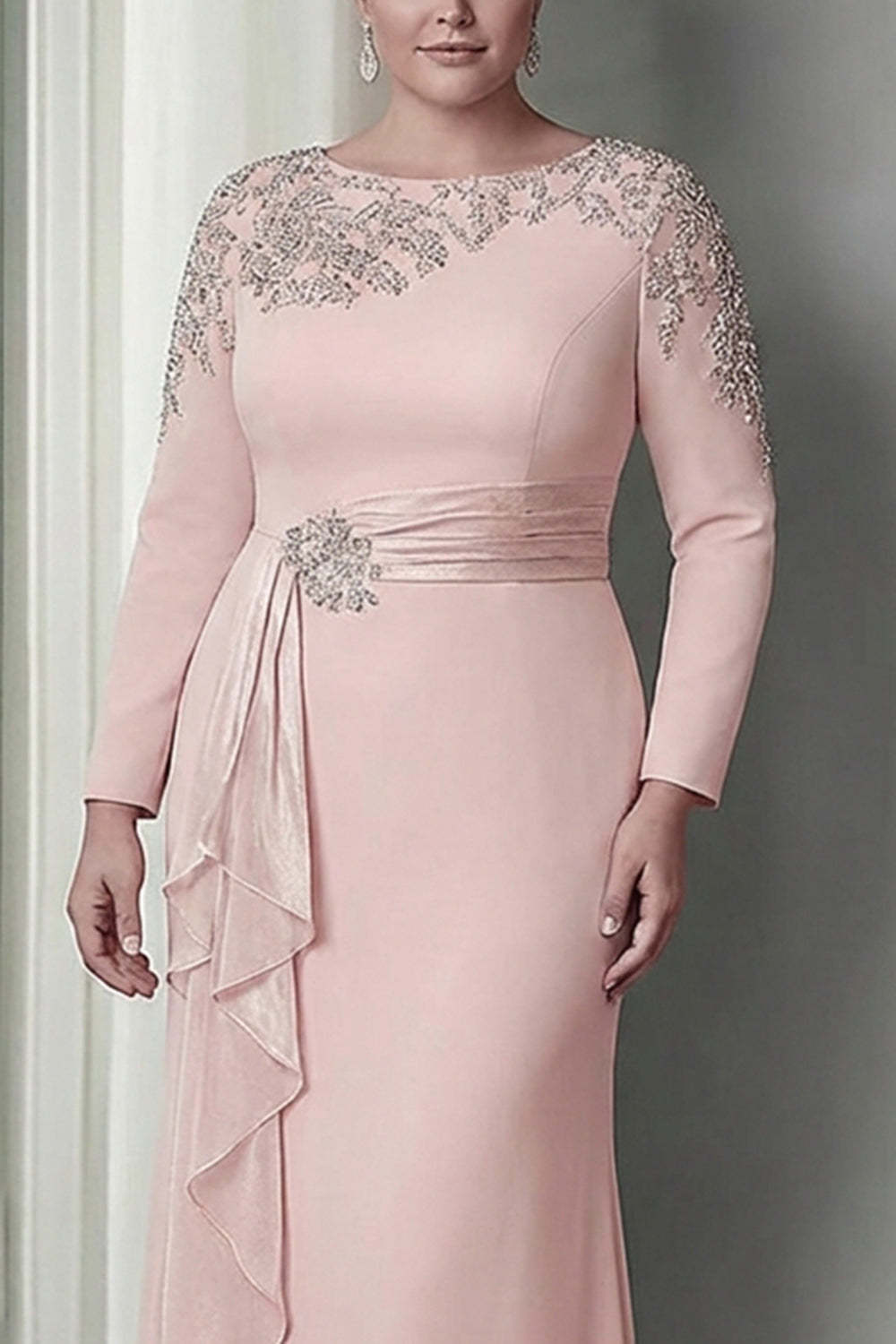 Maxi Blush Plus Size Satin Sheath Beaded Mother of the Bride Dress with Ruffles