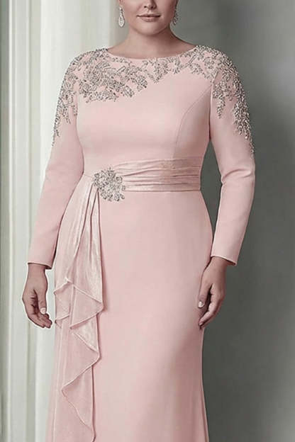 Maxi Blush Plus Size Satin Sheath Beaded Mother of the Bride Dress with Ruffles