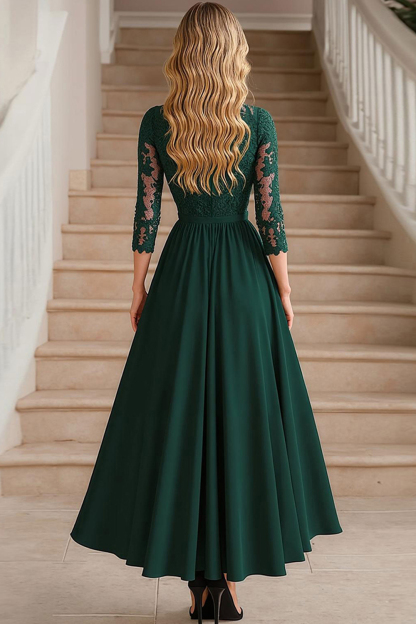 High-Low Dark Green A-Line Mother of the Bride Dress with Lace