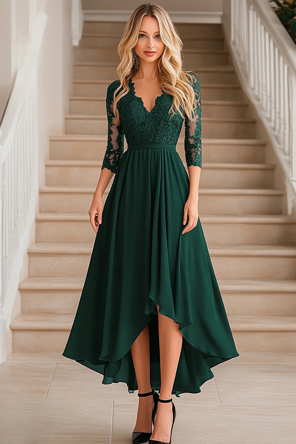 Leely Women Dark Green Chiffon A Line Mother of the Bride Dress with Lace V-Neck High-Low Wedding Guest Dress
