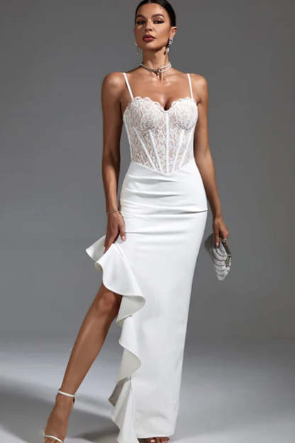 Leely Women White Sheath Corset Prom Dress Ruffled Spaghetti Straps Lace Long Formal Dress