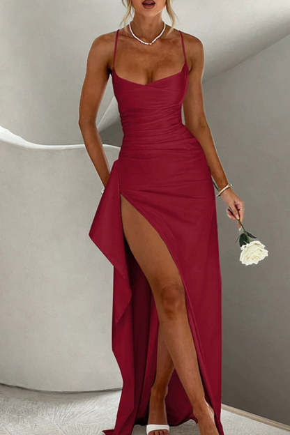 Chic Black Spaghetti Straps Maxi Formal Dress with Slit