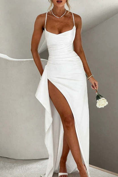 Chic Black Spaghetti Straps Maxi Formal Dress with Slit