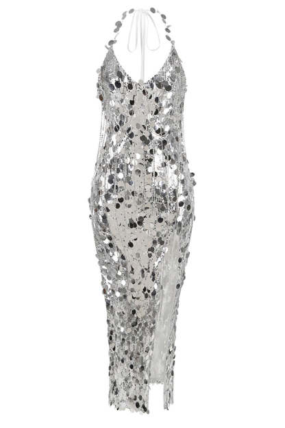 Leely Women Sparkly Silver Party Dress With Slit Sheath Halter V-Neck Sequins Tassel Evening Dress