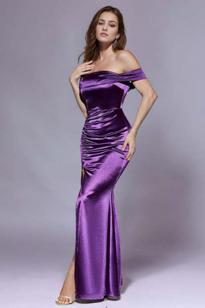 Dark Blue Mermaid Off the Shoulder Floor Length Prom Dress with Slit